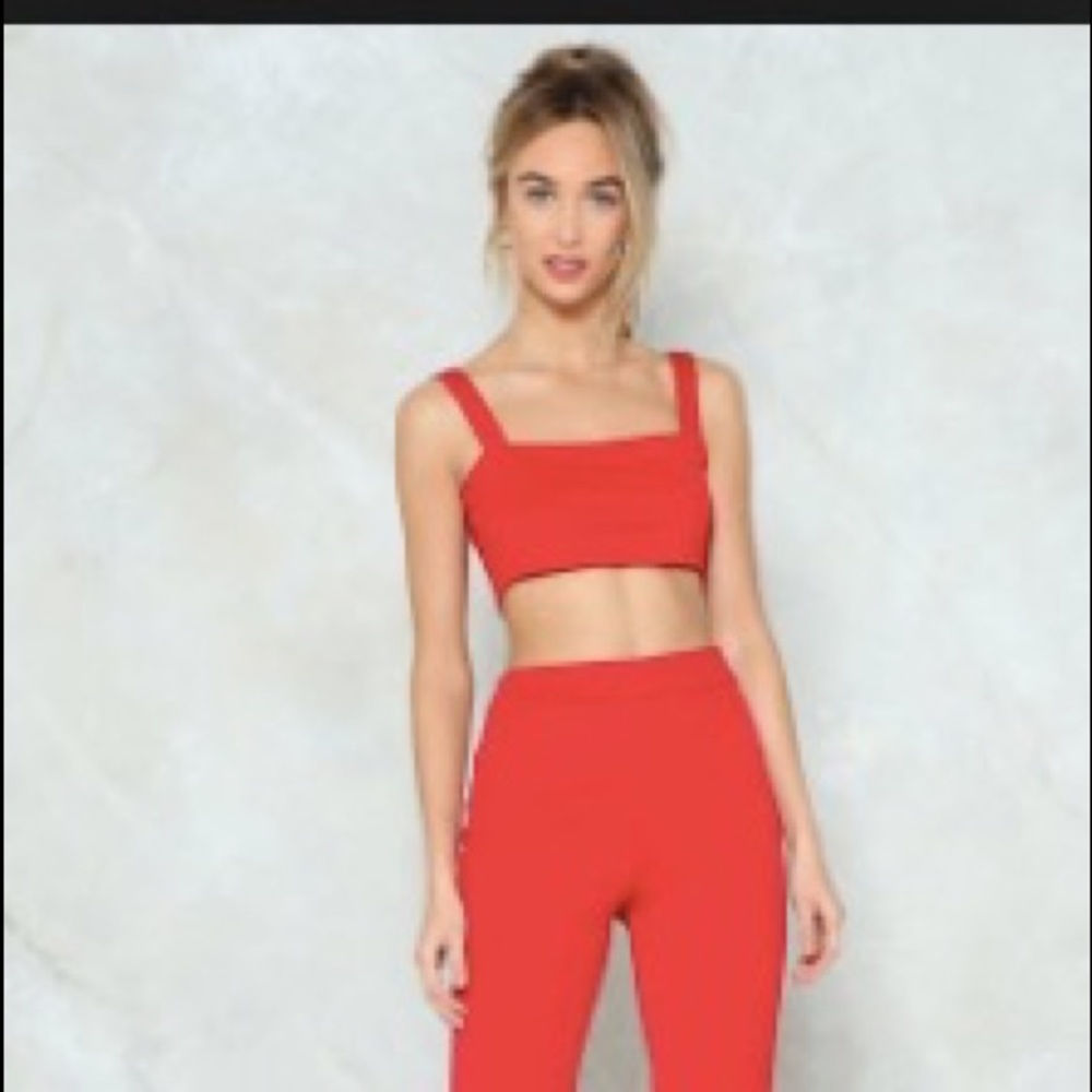 red crop top and long sleeve pant set